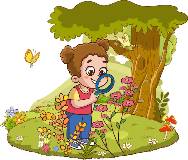 Niña mirando plantas con una lupa