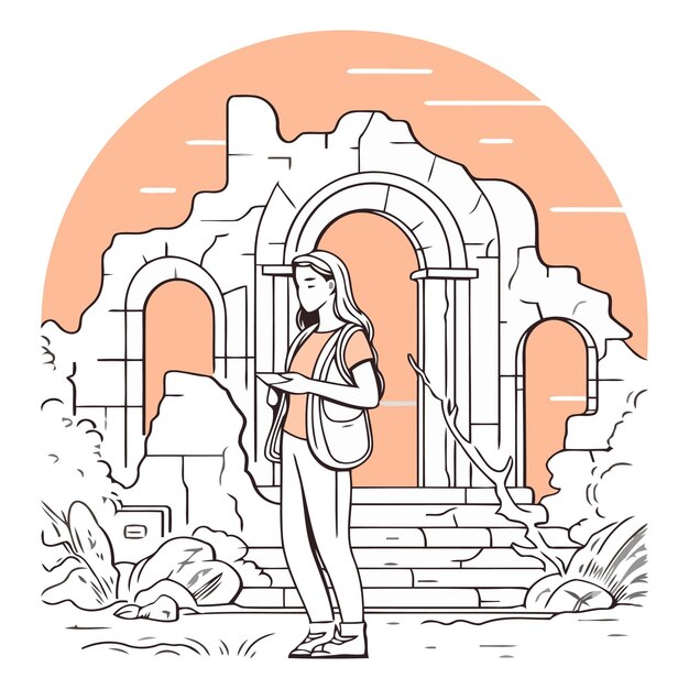 Vector niña con mochila en el fondo de antiguas ruinas