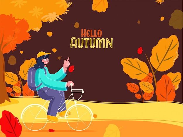 Niña montando bicicleta con una mochila en la naturaleza Ver Fondo marrón para Hola otoño.