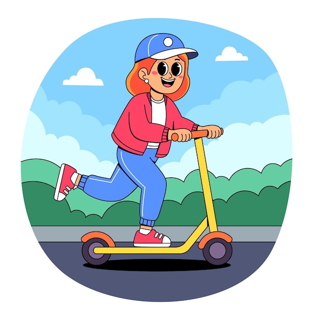 Niña montando un scooter en la ciudad en un día soleado