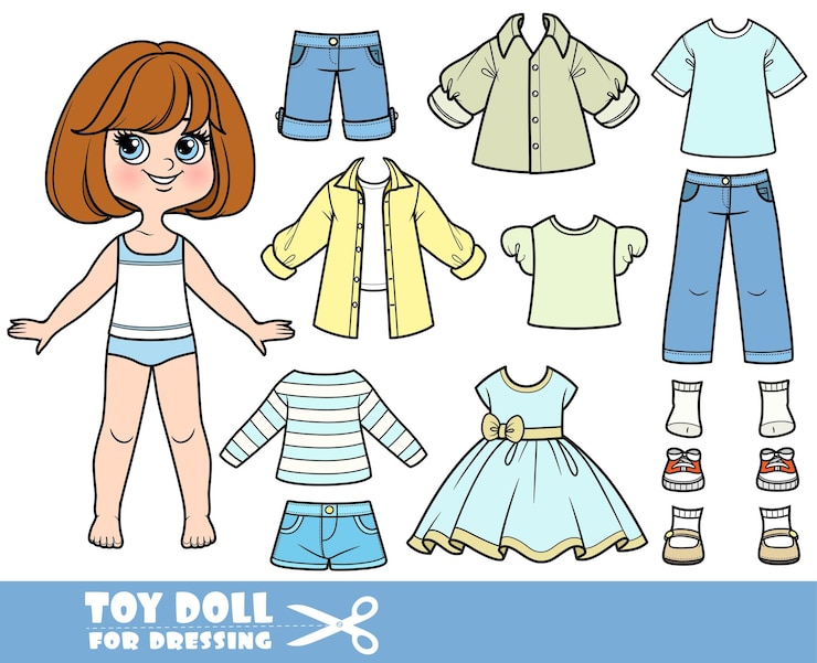 Vector niña morena de dibujos animados con cabello corto y ropa por separado camisa de manga larga pantalones cortos vestidos casuales sandalias jeans y zapatillas de deporte