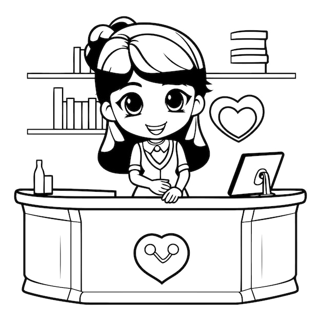 Vector niña en el mostrador de recepción ilustración vectorial en blanco y negro para libro de colorear