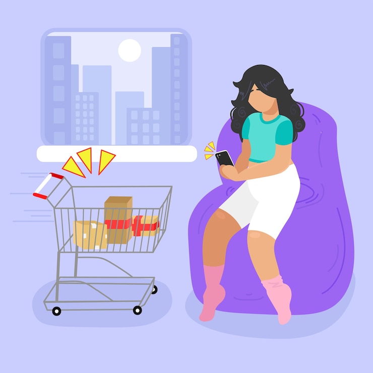 Vector niña, una mujer en casa hace un pedido en línea usando su teléfono inteligente