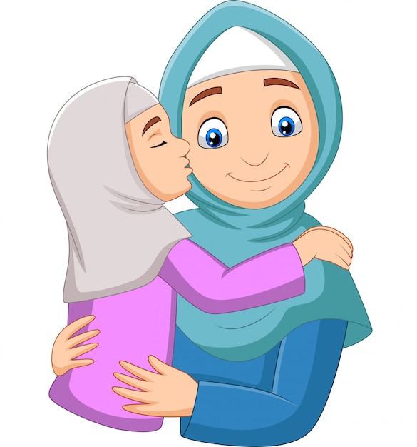 Vector niña musulmana besando la mejilla de su madre