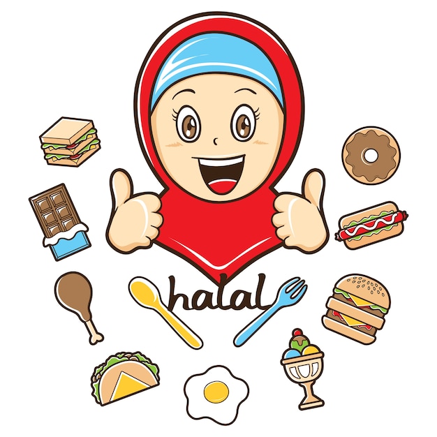 Niña musulmana con comida halal ilustración aislada