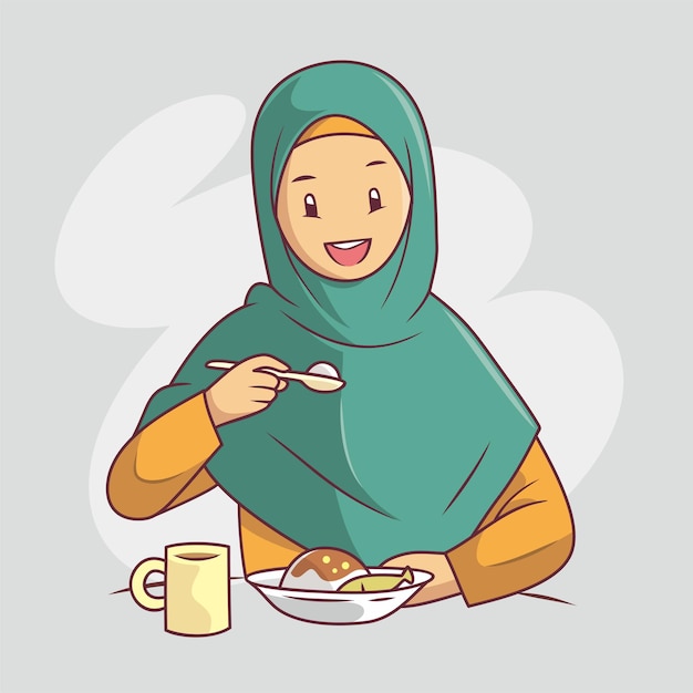 Niña musulmana comiendo arroz para el desayuno.