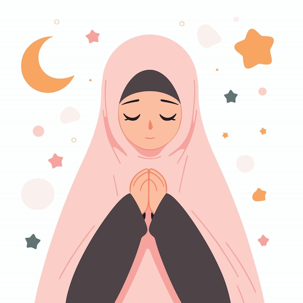 una niña musulmana haciendo adoración en el Islam Ramdan clipart ilustración vectorial