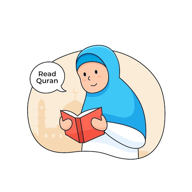 niña musulmana hijab leyendo al quran libro sagrado islam para el esquema de ilustración vectorial de actividad de ramadán