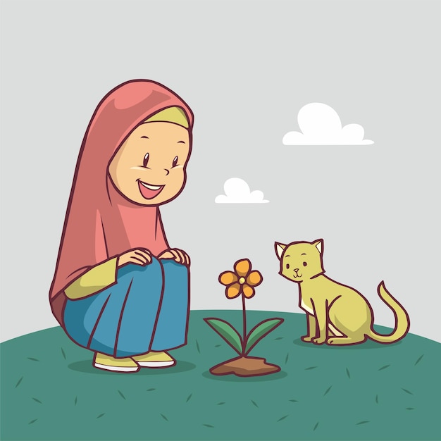 Una niña musulmana sentada con un gato mirando una flor arte dibujado a mano