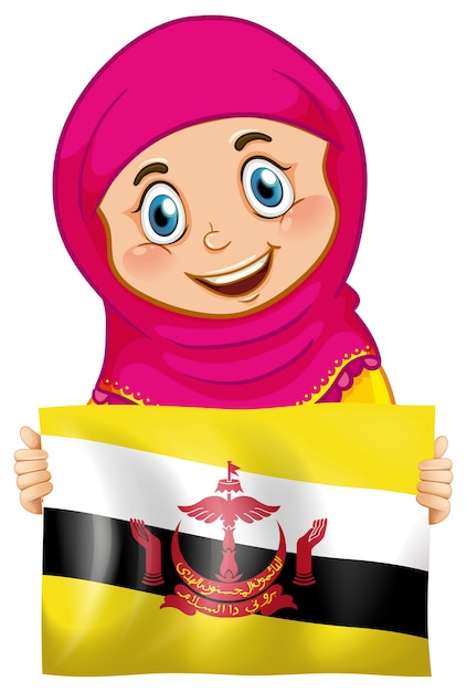 Una niña musulmana sosteniendo la bandera de brunei