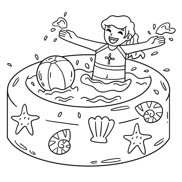Niña nadando en una piscina inflable Colorante aislado