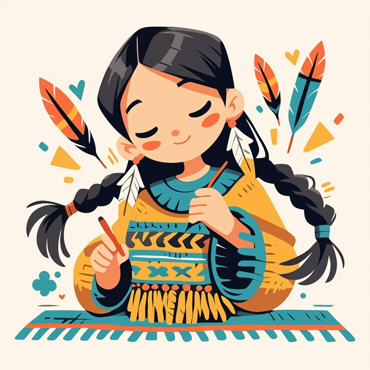 Niña nativa americana de unos veinte años haciendo artesanías de cuero