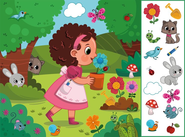 Vector niña en la naturaleza objetos ocultos y animales juego educativo ilustración vectorial para niños