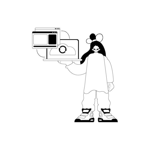 La niña con el navegador que sincroniza el datum Cloud reposicionando el comienzo de la obra de arte de ascendencia en blanco y negro Estilo de moda Ilustración vectorial