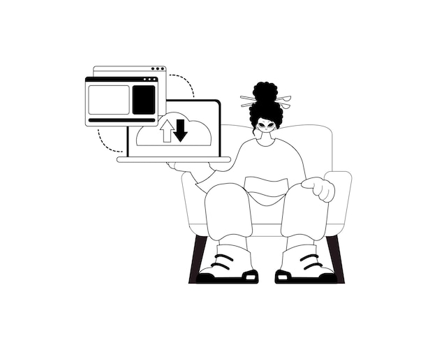 La niña con el navegador que sincroniza la nube de datos reposicionando el carbón inicial y las obras de arte de ascendencia blanca Estilo de moda Ilustración vectorial
