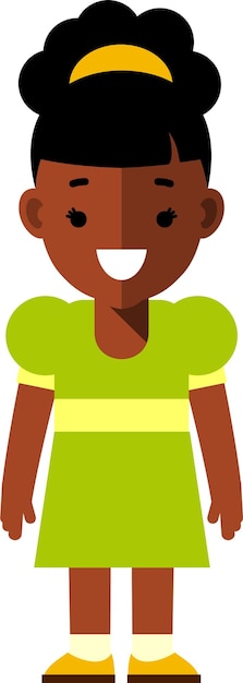 Vector niña negra afroamericana con vestido verde en estilo plano