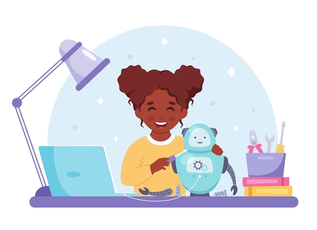 Niña negra construyendo un robot Programación e ingeniería robótica para niños