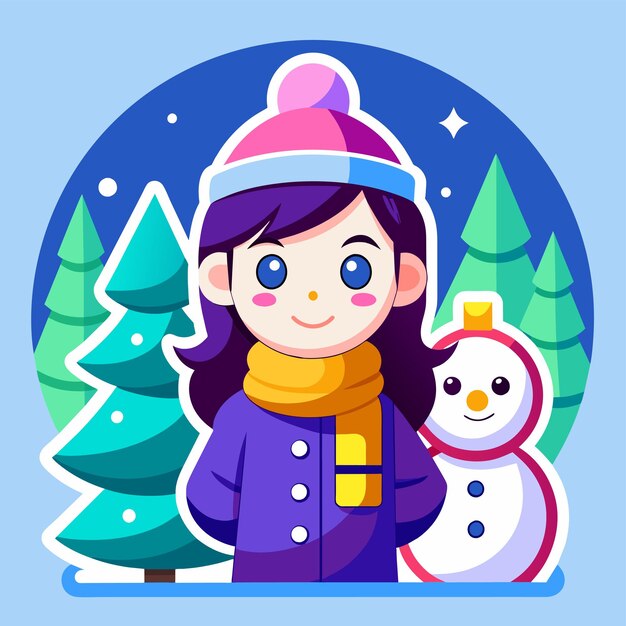 Niña de la nieve de invierno dibujada a mano plana elegante pegatina de dibujos animados icono concepto ilustración aislada