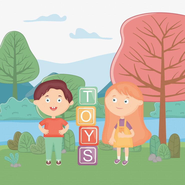 Vector niña y niño con bloques de alfabeto en el parque, juguetes para niños