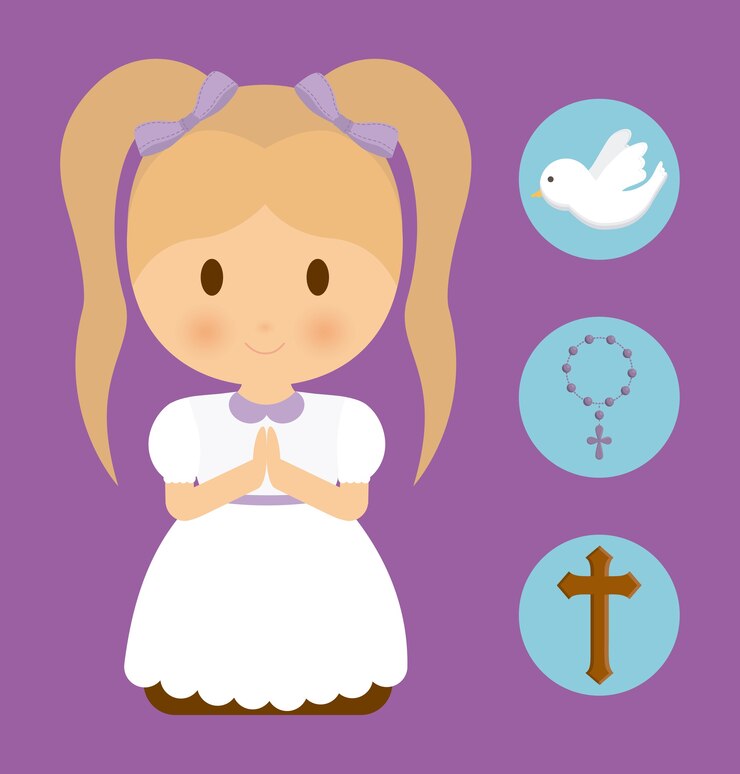 Vector niña, niño, caricatura, paloma, cruz, rosario, icono