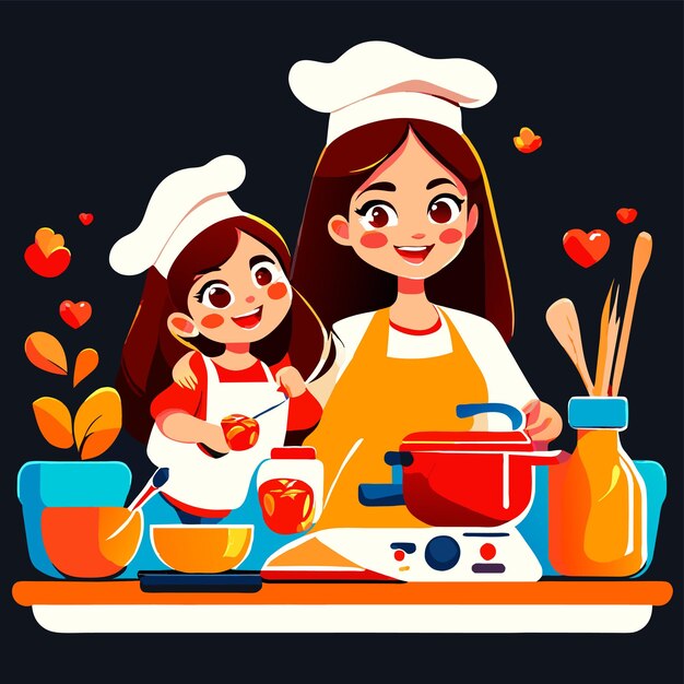 Vector niña niño chef cocinando cocina dibujado a mano plano elegante pegatina de dibujos animados icono concepto aislado