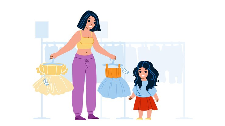 Vector niña niño de compras y elegir vestido en la tienda vector. madre e hijo comprando en la tienda y eligiendo ropa hermosa. personajes mamá y niño descuento estacional ilustración de dibujos animados plana