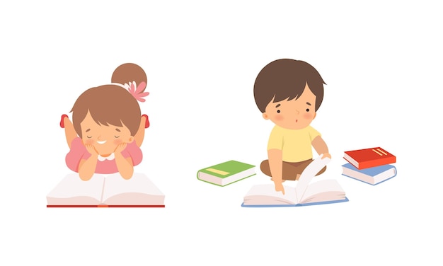 Niña y niño disfrutando de la lectura de libros Conjunto vectorial