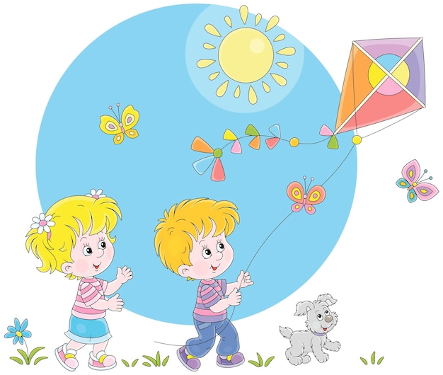 Niña y niño felices con su alegre cachorro jugando con una cometa de colores voladores en un verano soleado