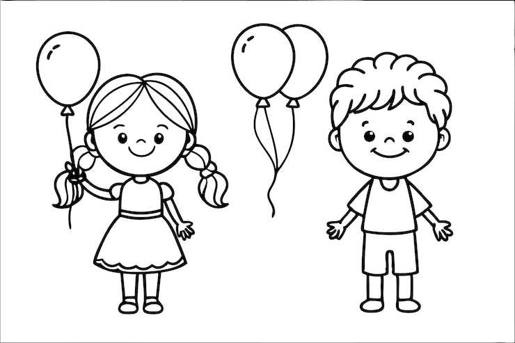 Vector niña y niño con globos ilustración de arte en blanco y negro