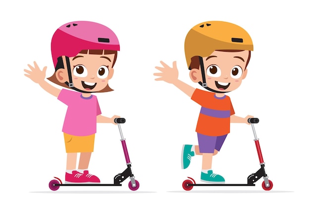 Niña y niño juegan scooter otoped juntos ilustración vectorial