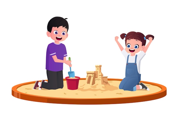 Niña y niño jugando en una caja de arena y construyendo un castillo de arena Ilustración vectorial