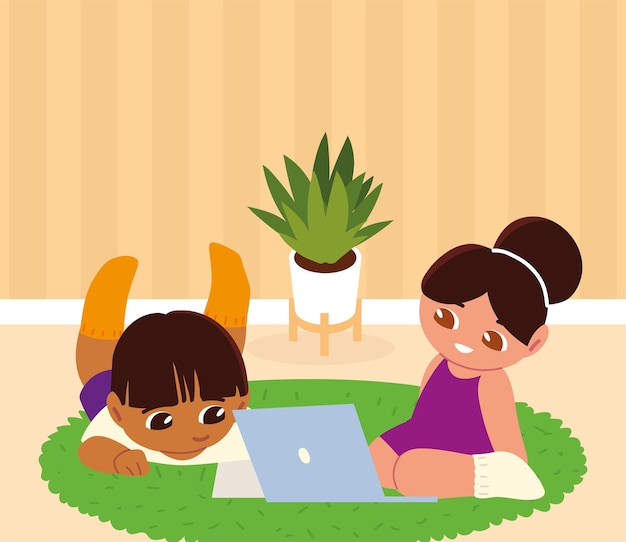 Vector niña y niño con laptop