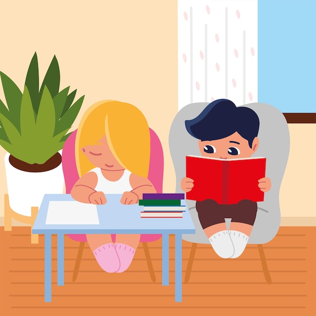 Niña y niño con libros en silla estudiando en casa
