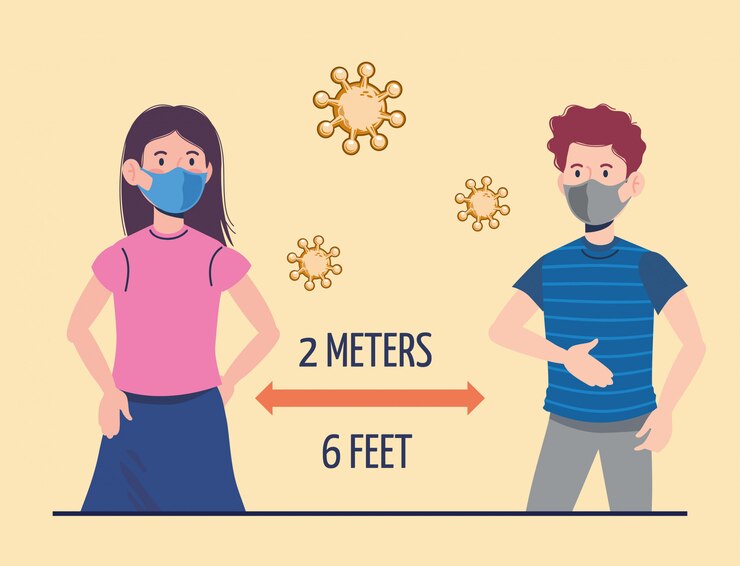 Niña y niño con máscara y prevención de distanciamiento
