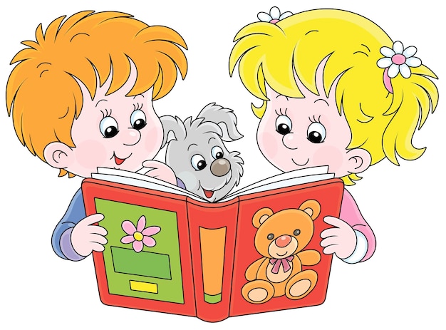 Niña y niño y su alegre cachorro sonriendo y leyendo un libro interesante