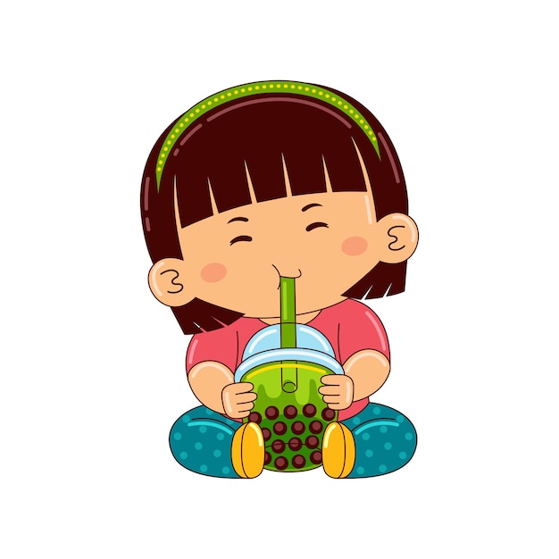 niña niños bebiendo té verde de burbujas heladas
