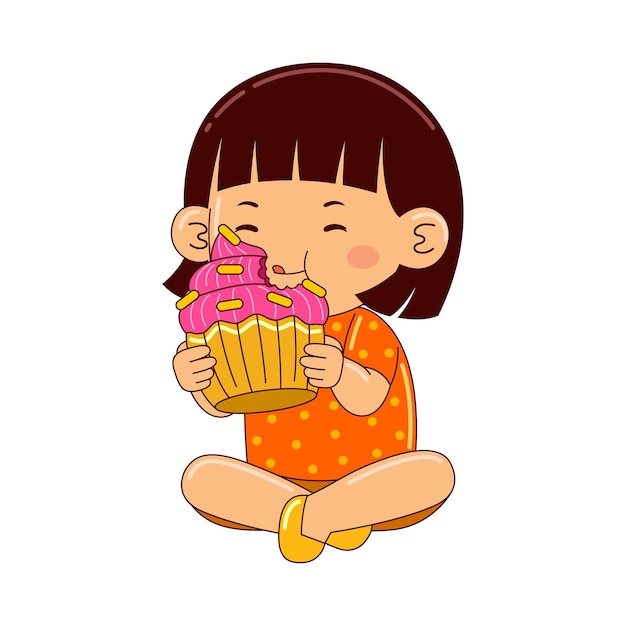 niña, niños, comida, cupcake, vector, ilustración