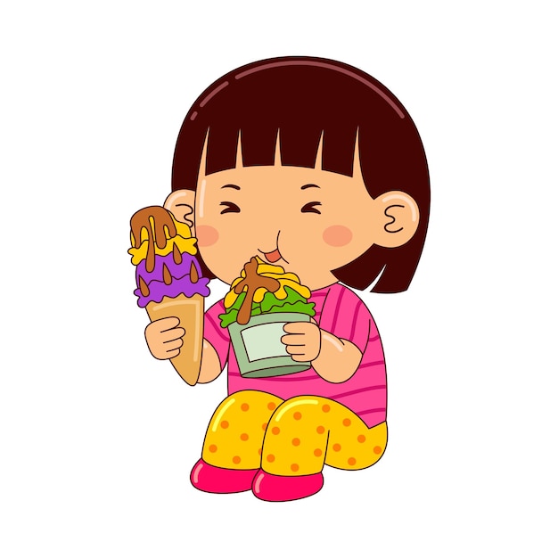 niña, niños, comida, helado, vector, ilustración