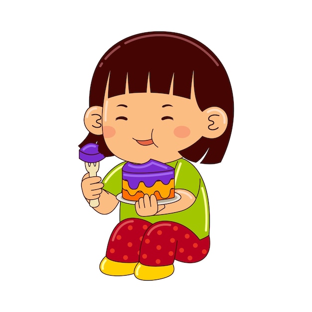 niña, niños, comida, pastel, vector, ilustración