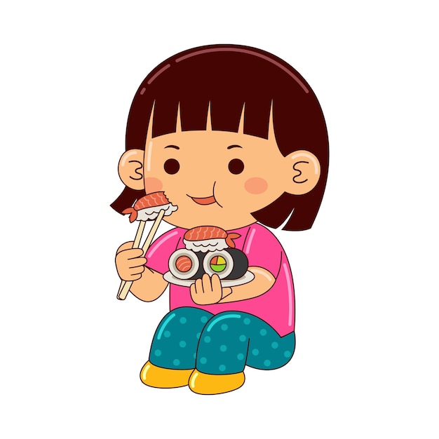 Vector niña, niños, comida, sushi, rollo, vector, ilustración