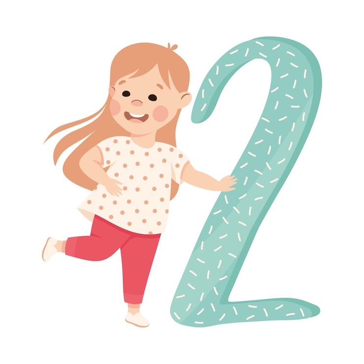 Vector niña con un número enorme dos o aprendizaje numérico ilustración vectorial de conteo básico
