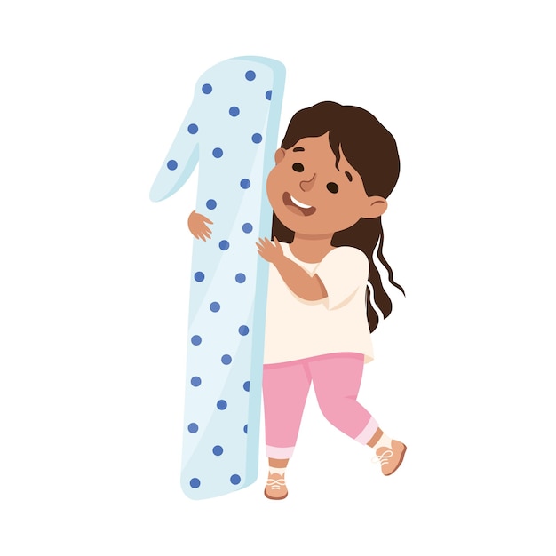 Niña con un número enorme uno o aprendizaje numérico Ilustración vectorial básica de conteo
