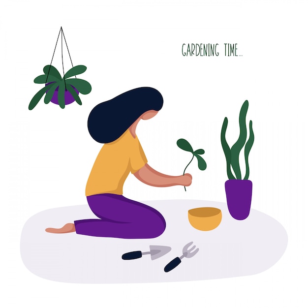 Vector niña o mujer y su hobby - jardinería