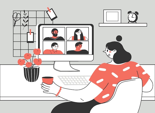 Niña o mujer usando una computadora para reunión virtual colectiva, videoconferencia grupal.