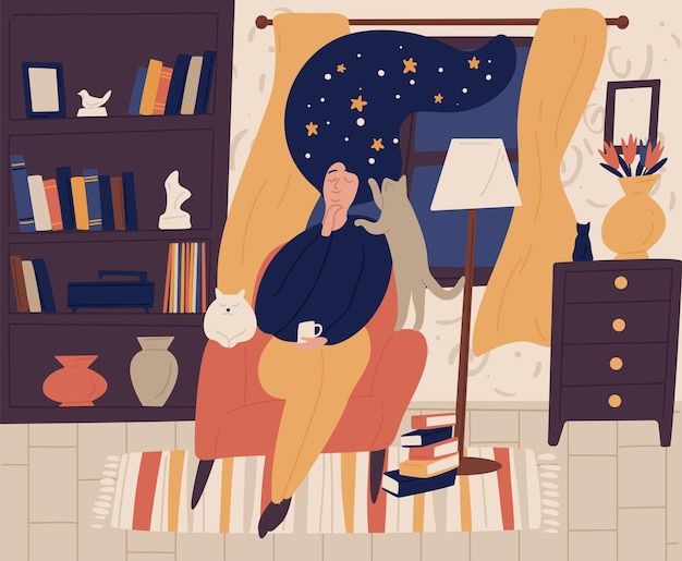 Niña con los ojos cerrados y cielo estrellado nocturno o espacio en lugar de pelo sentado en una silla y soñando o soñando despierta. Fantasía e imaginación. Ilustración de vector colorido en estilo de dibujos animados plana.