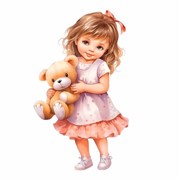 Niña con un oso de peluche en la mano pintura de acuarela