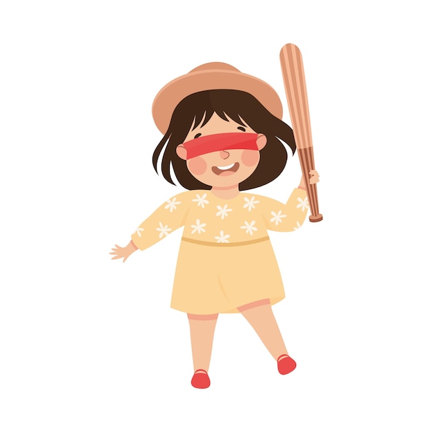 Niña con palo de madera lista para golpear a Pinata en la fiesta de cumpleaños Ilustración vectorial