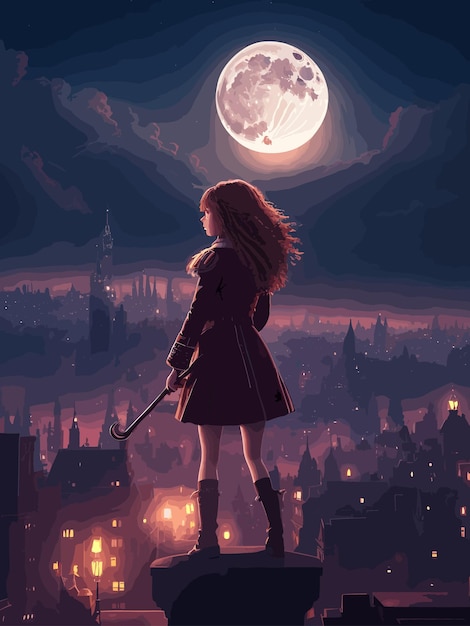 Una niña parada en una cornisa mirando la luna.