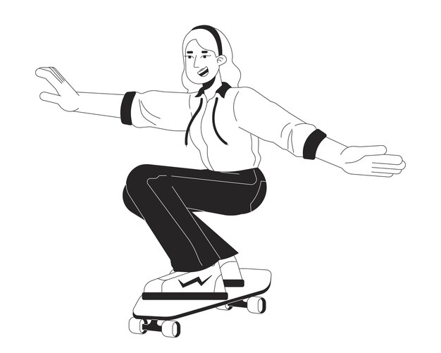 Niña patinadora años 80 dibujos animados planos en blanco y negro mujer patinadora caucásica años 20 adulto personaje lineal 2D aislado actividad de ocio años 90 nostalgia escena monocromática imagen de contorno vectorial