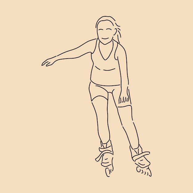 Niña patinando con ruedas dibujo de arte de línea Vector de contorno de boceto